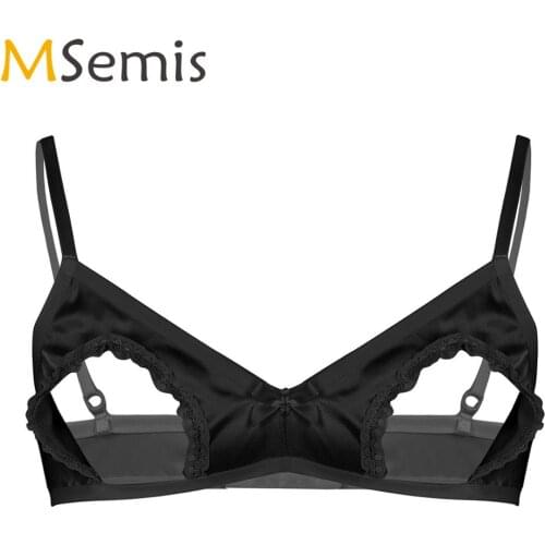 Mens Satin Bralette Top Crossdresser Sissy Bra Lingerie Erotic Hollow Out Nipples Open Cup Bras Gay Babydoll Bustier Underwear