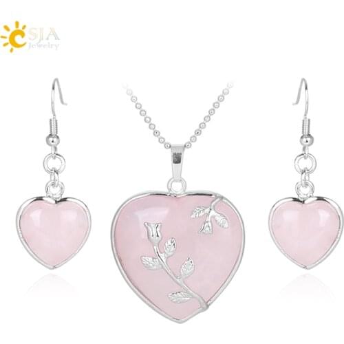CSJA Girl Women Love Heart Jewelry Sets Reiki Natural Gem Stone Lapis Lazuli Necklace Drop Earring Set Leaf Pendant Wedding E425