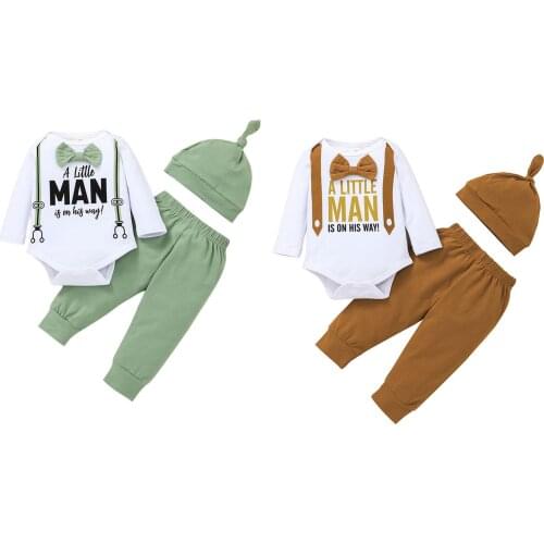 New Three Piece Baby Boy’s Clothes Unique Letter Long Sleeve Romper and Solid Color Long Pants with Hat