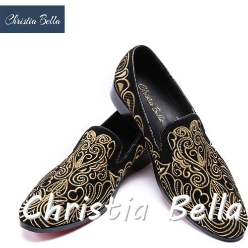 Christia Bella New Style Fashion Men Loafers Gold Embroidery Handmade Men Velvet Shoes Party and Wedding Mens Flats Stage Wear