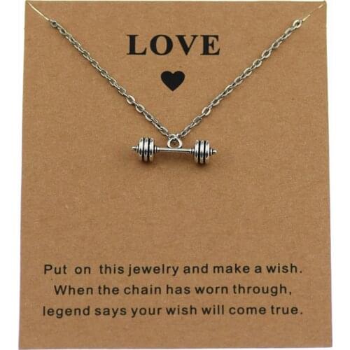New Tibetan Silver Color Gym Barbell Fitness Pendant Chain Necklace for Women Men Make a Wish Love Dumbbell Pendant Jewelry Gift