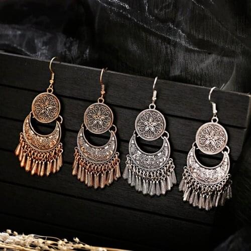 OIQUEI Ethnic Antique Tibet Gold Silver Color Metal Tassel Jhumka Indian Drop Dangle Earrings Women Lotus Mexico Gypsy Jewelry