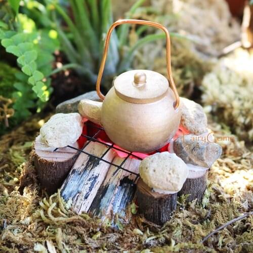 FairyCome Fairy Garden Lighting Campfire with Copper Kettle Miniature Garden Wood & Stone Fire Pit Bonfire Fairy Accessories