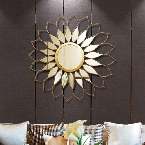 Modern Wrought Iron Sun Shape Decorative Mirror Wall Hangings Crafts Home Livingroom Wall Mural Decoration Corridor Ornament Art