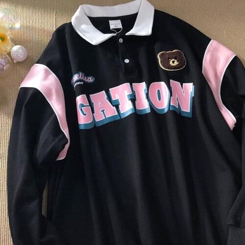 Retro Bear Embroidery POLO Collar Sweatshirt Harajuku Fashion Kawaii Clothes for Teens 2021 Autumn New Long Sleeve Tops Pullover