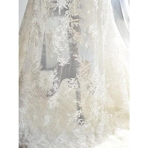 Bridal dress beaded fabrics with sead beads andsequinces heavy beaded tulle fabrics DIY wedding dress fabric