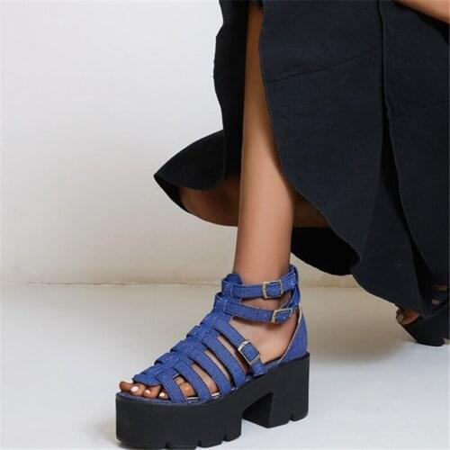 PXELENA Roman Hollow Out Punk Rock Gothic T tied Sandals Women Denim Buckle Strap Chunky High Heels Platform Shoes 2021 Summer