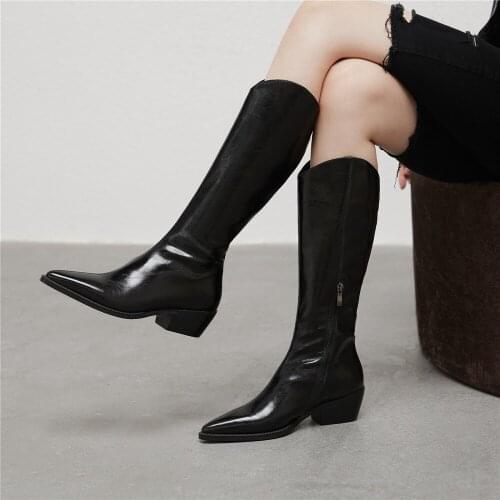Orignice 2022 Women Western Knee High Boots Top Quality Leather Pointed Toe Block Heels Autumn Party Wild Shoes Big Size 34-43