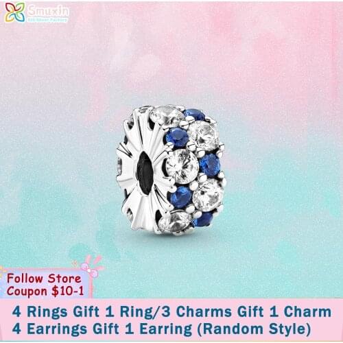 Smuxin 925 Sterling Silver Clear & Blue Sparkling Clip Charms fit Original Pandora Bracelets for Women Jewelry Making Gift