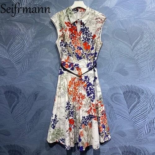 Seifrmann New 2021 Summer Women Fashion Designer Cotton Dress Sleeveless Sashes Floral Print Elegant Ladies Party Midi Dresses