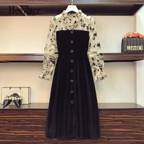 Plus size French Vintage Velvet Dresses Autumn Lace Embroidery Full Sleeve Patchwork Autumn Dresses 4XL High Waist A-line Dress