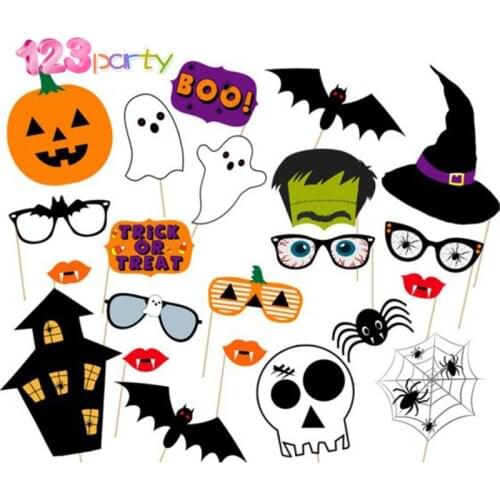 123 Party 22pcs Halloween Photo Props For Bar Party DIY Halloween Terror Mask Photo Booth Props On A Stick Pub Decor Supplies