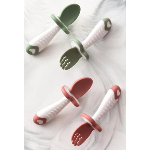 2Pcs/Set Baby Training Soft Head Spoon and Fork Short Handle Kids Spoon Fork Set BPA Free hot