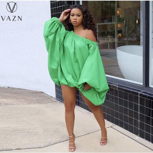 VAZN 2021 Top Quality Chiffon Young Sexy Solid Elegant Slash Neck Full Sleeve High Waist Braid Women Loose Mini Dress