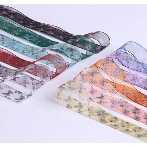5 yards Butterfly Printed Organza Stain Ribbon for Bow DIY Hair Accessories Material Cake Gift Bouquet Packaging Clothing Trims