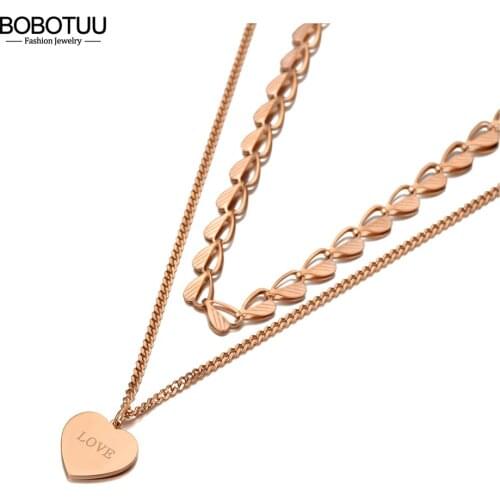 BOBOTUU Bohemia Design Double Layer Love Heart Charm Pendant Necklaces For Women Stainless Steel Summer Choker Necklace BN20162