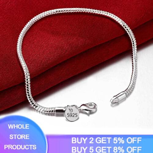 Free Sent Certificate 100% 925 Sterling Silver Bracelets 3mm 4mm Snake Bones Bracelets Bangles For Men and Women Fashion Jewelry