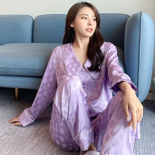 Fdfklak Dot Print Fashion Women Pajama Set Trousers Long Sleeve Suit Pyjamas Thin Outwear 2021 Spring New Nightwear