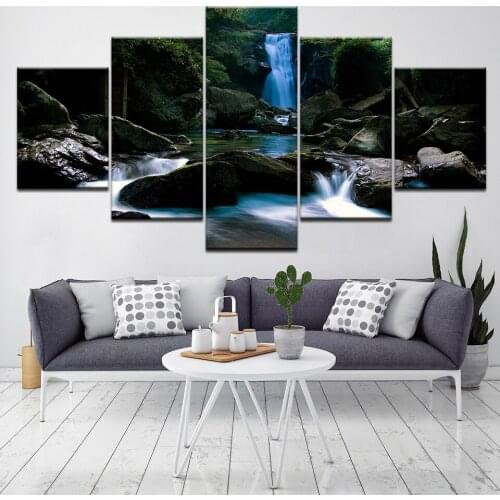 Framed 5 Pieces Waterfall Painting Modern Home Decor Canvas Art Mountain Scenery Pictures Wall Artwork HD Printed Poster Artwork