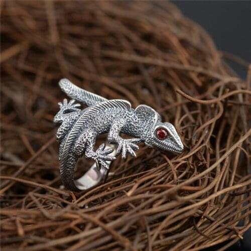 925 Silver Gecko Ring Red Cubic Zircon Stone 100% Real S925 Sterling Thai Silver Rings for Women Men Jewelry Adjustable Size