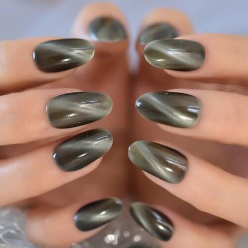 Cats Eyes Green Nails Tip Press On Fingernail Medium-sized Crystal Effect Polish Oval Acrylic Nails Manicure Tool Supplier