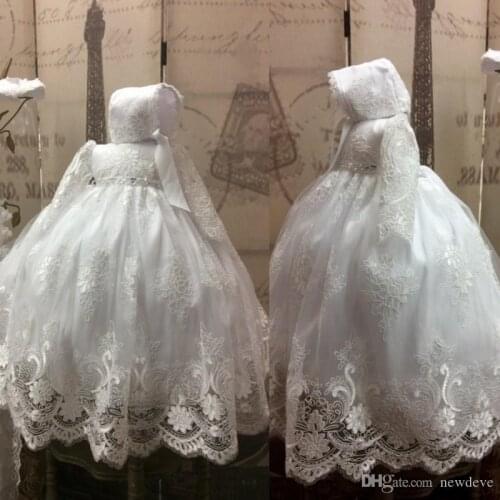 Lace Ball Gown Baby Christening Dress White Baptism Outfits With Long Sleeves Formal Infant Girl First Communion With Bonnet