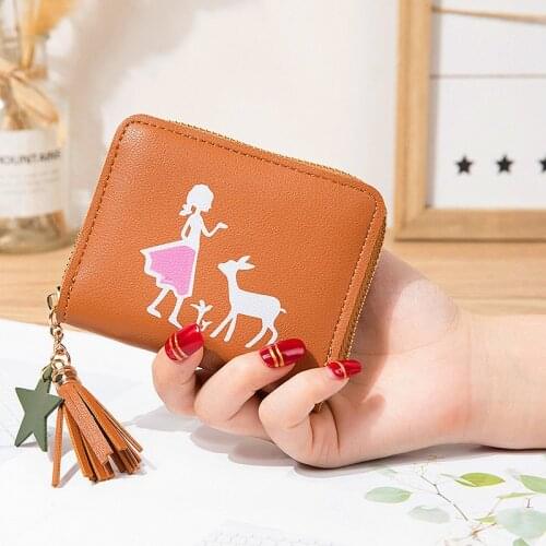 Graffiti girls and deer print kawaii wallet leather square small purse woman mini short cute bag For coins zipper coin wallet