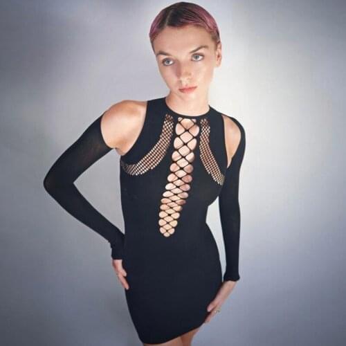 WJFZQM Fashion Sexy Hollow Out Bodycon Dress Female Short Black Mini Party Dress 2021 Long Sleeve O Neck Dresses Women Autumn