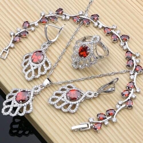 Fashion Women Bridal 925 Sterling Silver Red Zirconia Jewelry Sets Earrings Stone Bracelet Ring Necklace Set Dropshipping