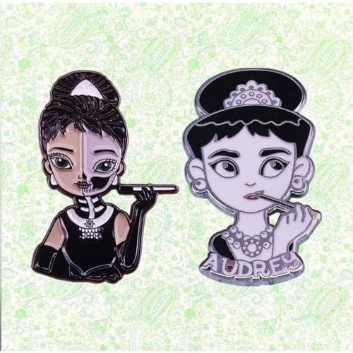 Audrey Hepburn Actress enamel pin Day of the Dead style Roman Holiday Movie Brooch Feminist Gift Retro Diva Pop Art badge