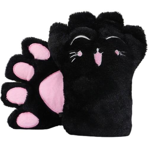 Women Lolita Anime Cartoon Cat Paw Embroidery Half Finger Gloves Winter Warm Plush Stuffed Cosplay Fingerless Mittens