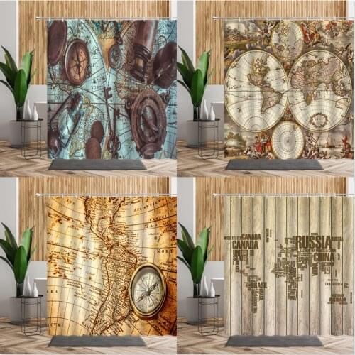 Retro World Map Pattern Shower Curtain Printed 3D Bathroom Decor Wall Hanging Fabric Bath Single Waterproof Curtains For Bedroom