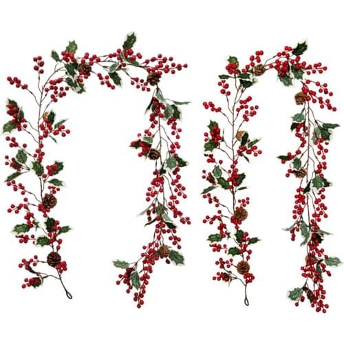 Christmas Artificial Vine Leaves Plant Red Fruit Pine Cones Long Rattan Flower Arrangement Atmosphere Layout Wall Decor Dropship