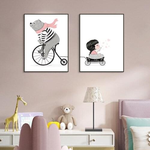 Spray Color Cartoon Animal Bear Bicycle Text Canvas Painting Wall Frameless Picture Printing Poster Living Room Home Decoration