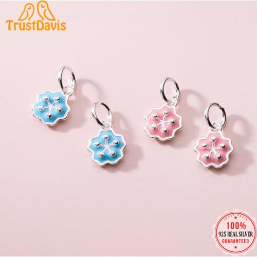 TrustDavis Real 925 Sterling Silver Fashion Sweet Glaze Pink Blue Flower Charm Pendant Handmade DIY Accessories Jewelry DZ93