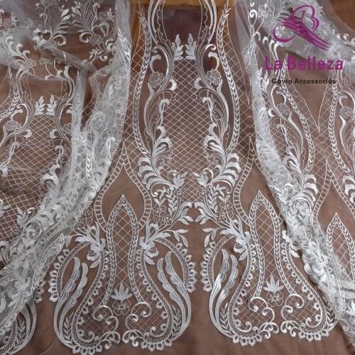 High quality off white large pattern with squins embroidery on mesh lace fabric wedding/evening dress lace fabric 130 by yard