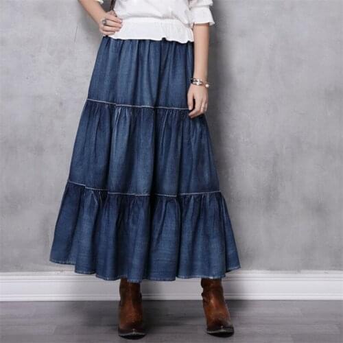 100% Cotton Womens Denim Skirt 2020 Vintage New Women Patchwork A-Line Skirts Long Ruffles Saias Saia Feminina