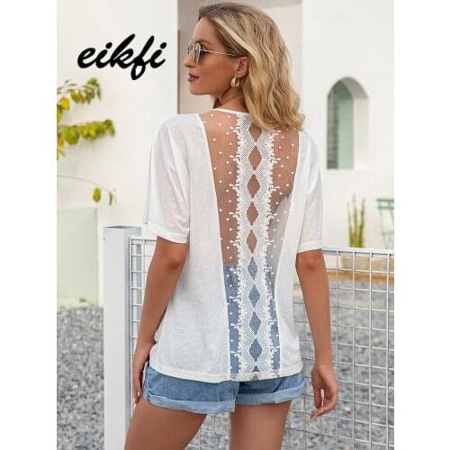 EIKFI Solid Back Lace Mesh Patched Women T-shirts Summer Ladies O Neck Short Sleeve Sexy Back Hollow Out Casual Tops and Shirts