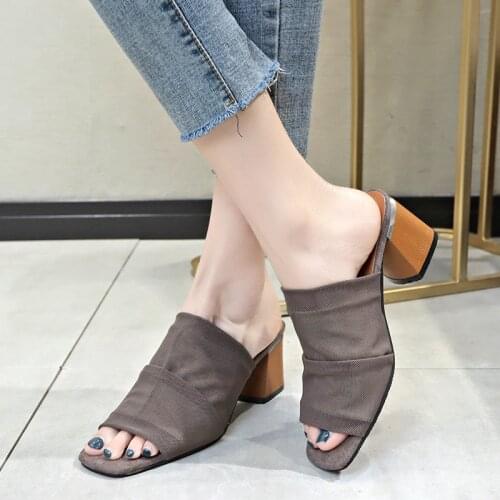2020Sandals Women Big Size Thick Heel High Heel 35-42 Womens Sandals Sexy One Word Drag Womens Shoes