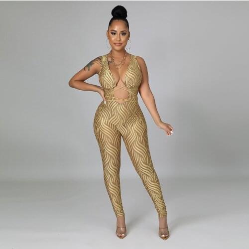 Womens Print Bodycon Long Jumpsuit Elegance Deep V Neck Waist Band Cut Out Skinny Romper Chic Sleeveless One Piece Overalls