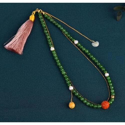 Original Spinach Green Russian Material Jasper Beaded Necklaces for Women Girls Double Layer Jade Pearl Embellishment Jewelry