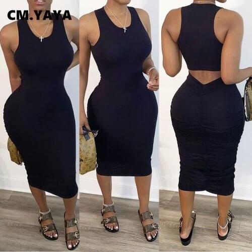 2020 Women Summer Midi Dress Sexy Sleeveless Hollow Out Black Party Night Club Street Casual Bandage Dresses Vestido GL052