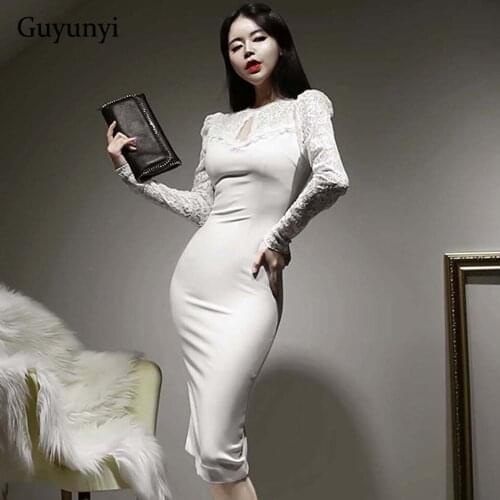 High Waist Tight Dress 2021 Autumn White Simple O-Neck Hollow Sexy Lace Stitching Long Sleeves Elegant Party Dress Women