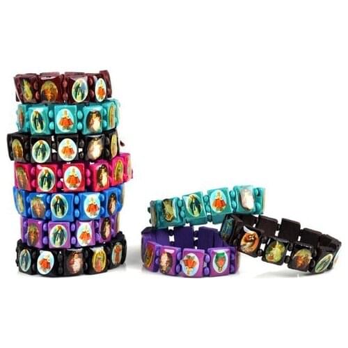 20pcs/lot mix colors Jesus Saints Catholic Friendship Wooden Bracelets Religious Stretch Elasticated free shipping