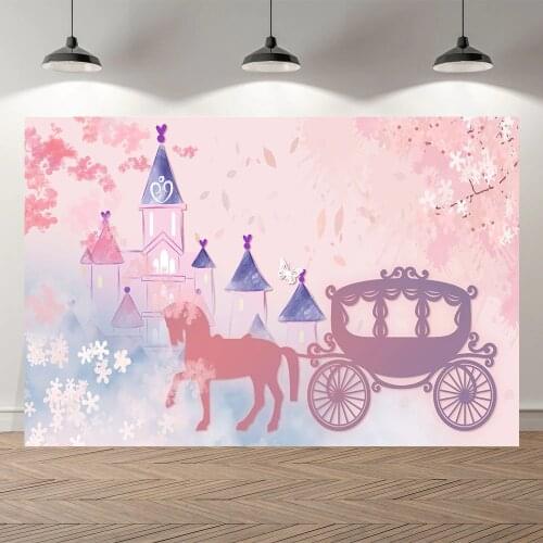 Seekpro Castle Princess Carriage Baby Shower Birthday Backdrop Background Girls Flowers Party Carriage Palace Forest Cherry Pink