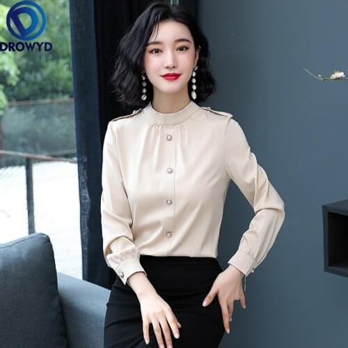 Korean Fashion Silk Women Blouses Satin Office Lady Shirt and Blouse Long Sleeve Blusas Plus Size Womens Tops and Blouses DROWYD