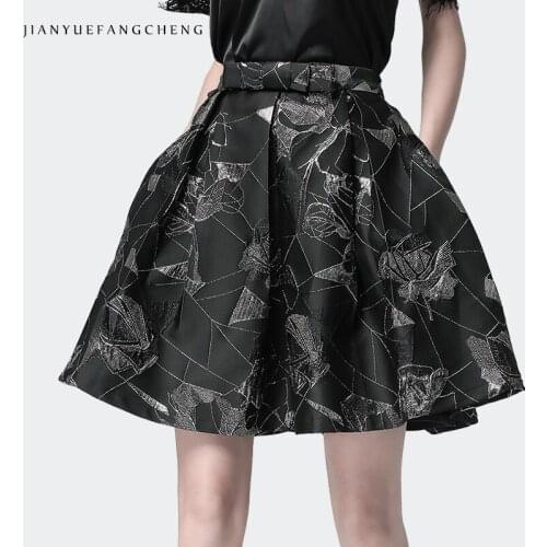 Jacquard Pleated Tutu Skirt Of Tall Waist Floral Printed Women Summer Stiff Above Knee Mini Jupe Suitable For Thick Thigh Ladies