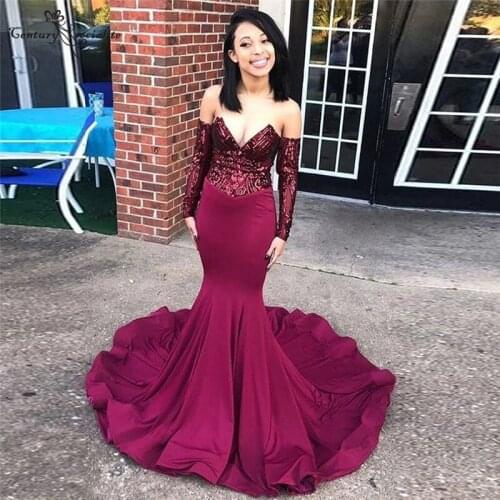Burgundy Mermaid Evening Dresses Long Sleeve Sweetheart Zipper Back Sequined Formal Dress Prom Party Gowns Robe De Soiree