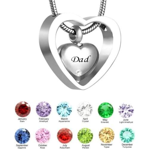 Custom Double Heart dad Twelve months birthstone Urn Necklace Pendant with Funnel ashes Keepsake Cremation jewelry