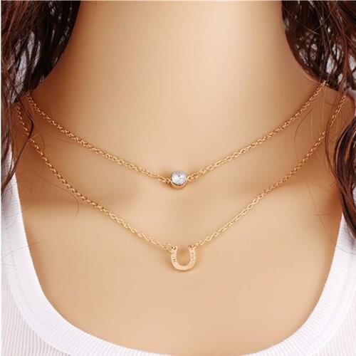 Simple Letter U Rhinestone Double Layer Necklace Crystal Horseshoe Multilayer Short Necklace Neck Chain Clavicle Chain